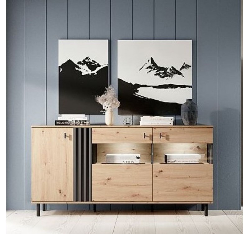 Μπουφές με βιτρίνα Madis φυσικό Artisan+Ανθρακί 165x82x40cm