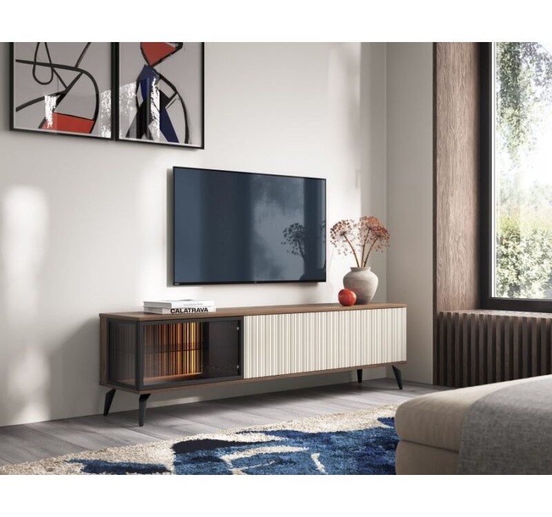 Έπιπλο τηλεόρασης VICI καρυδιά με βιτρίνα 180x50x39cm