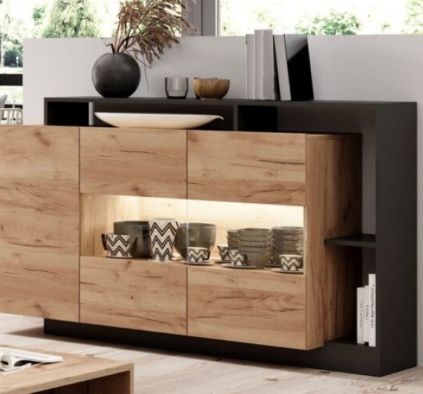 Μπουφές Alva με βιτρίνα Ανθρακί+ φυσικό golden craft 155×93.5x44cm