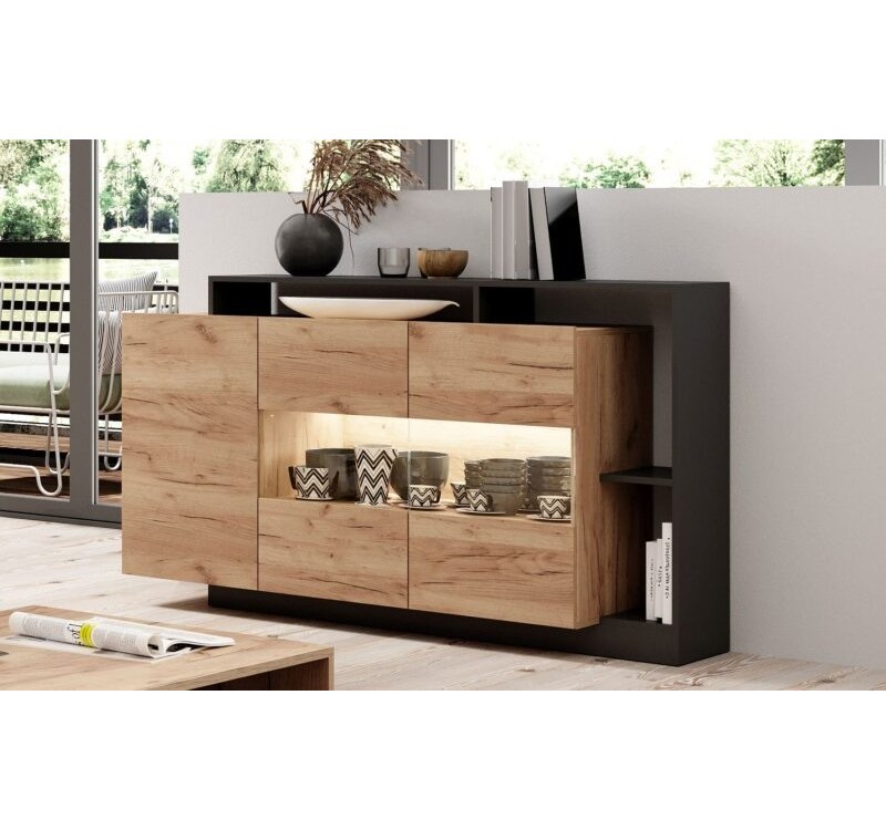 Μπουφές Alva με βιτρίνα Ανθρακί+ φυσικό golden craft 155×93.5x44cm