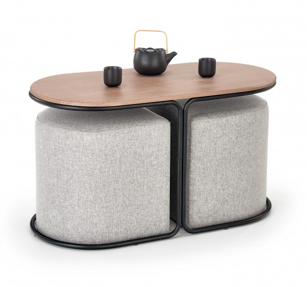 PAMPA, coffee table with pouffes, top: walnut, legs: black, pouffe: grey DIOMMI V-CH-PAMPA-LAW