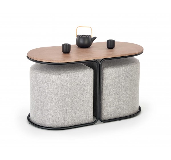 PAMPA, coffee table with pouffes, top: walnut, legs: black, pouffe: grey DIOMMI V-CH-PAMPA-LAW
