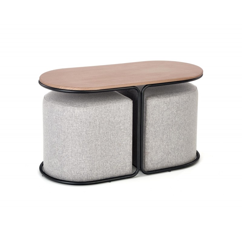 PAMPA, coffee table with pouffes, top: walnut, legs: black, pouffe: grey DIOMMI V-CH-PAMPA-LAW