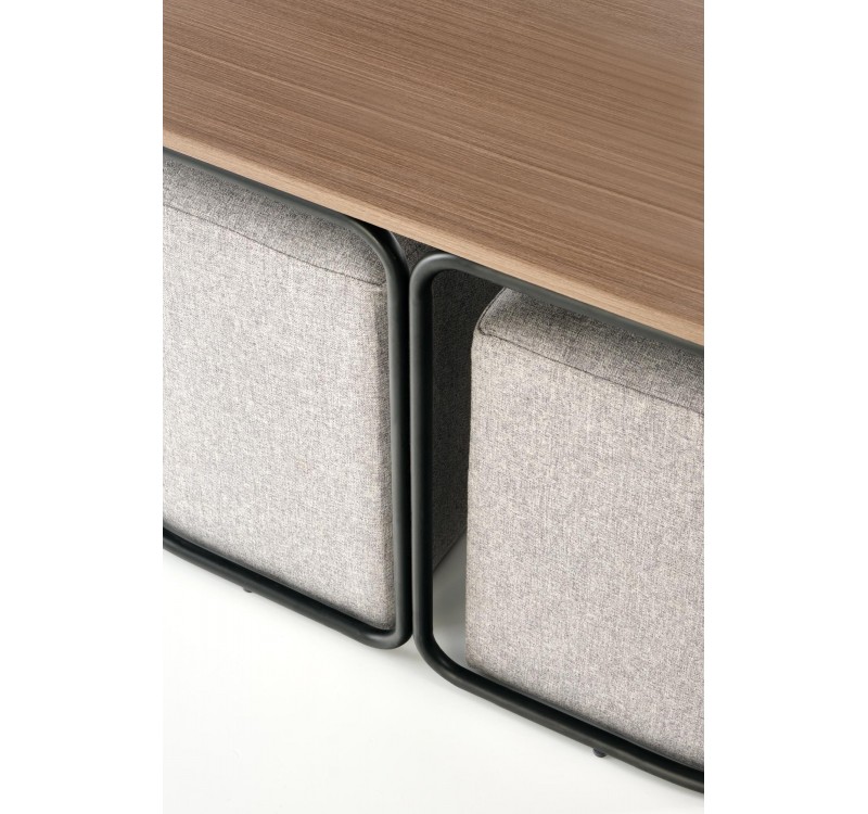 PAMPA, coffee table with pouffes, top: walnut, legs: black, pouffe: grey DIOMMI V-CH-PAMPA-LAW