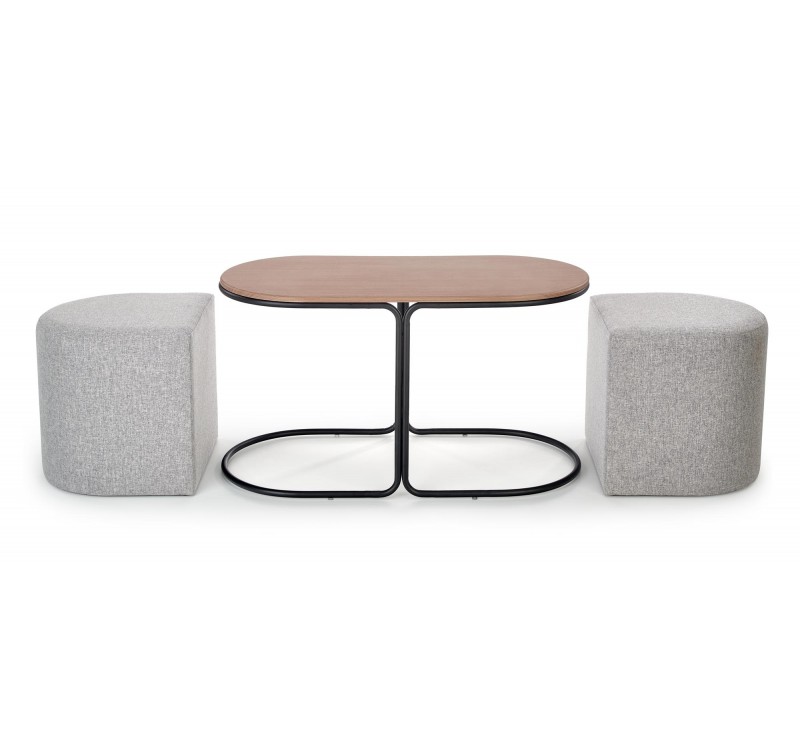 PAMPA, coffee table with pouffes, top: walnut, legs: black, pouffe: grey DIOMMI V-CH-PAMPA-LAW