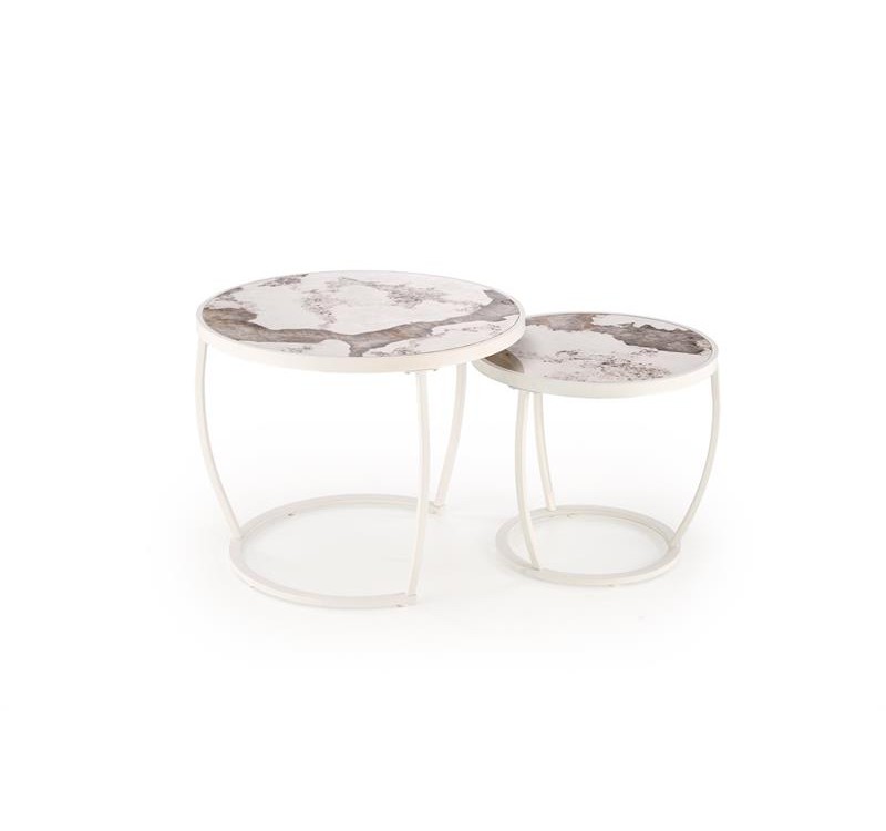 INES  set of two coffee tables, beige marble / white