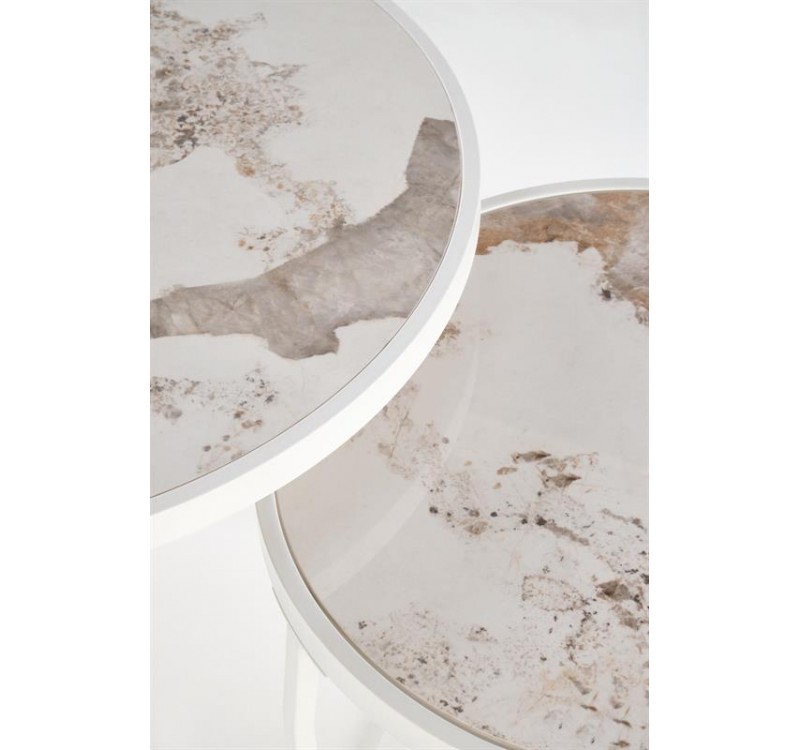 INES  set of two coffee tables, beige marble / white