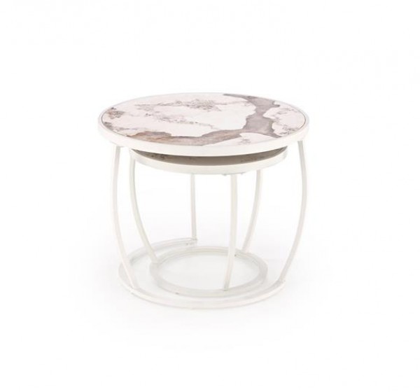 INES  set of two coffee tables, beige marble / white
