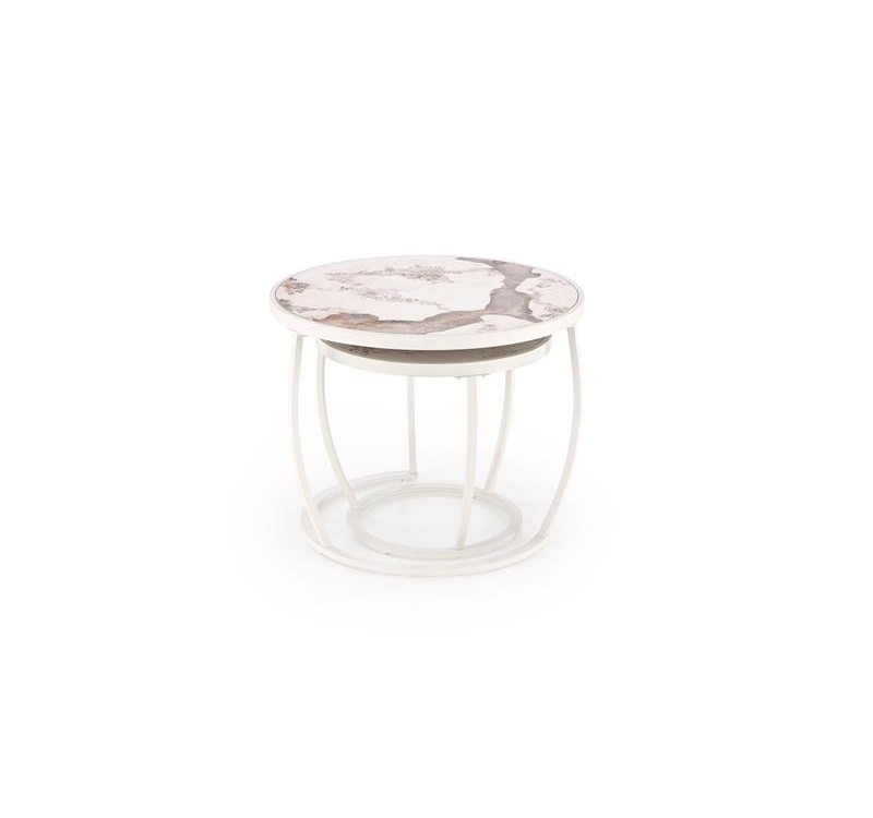 INES  set of two coffee tables, beige marble / white