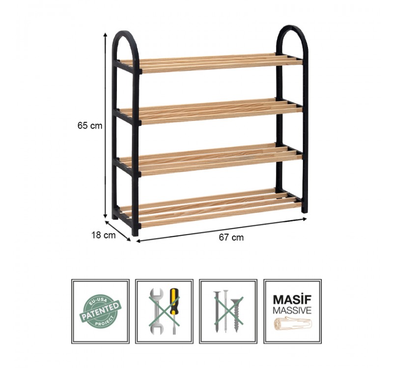 Παπουτσοθήκη ξύλινη - πλαστική χρώμα φυσικό - μαύρο 67x18x65εκ.