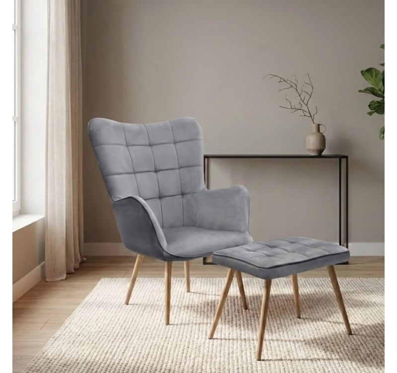 Πολυθρόνα - Μπερζέρα με υποπόδιο Lily Megapap γκρι βελούδο - μεταλλικό πόδι χρώμα φυσικό 70x62x98εκ.