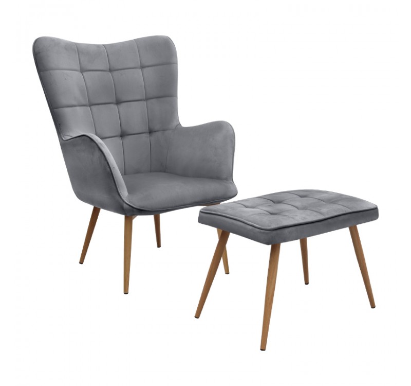 Πολυθρόνα - Μπερζέρα με υποπόδιο Lily Megapap γκρι βελούδο - μεταλλικό πόδι χρώμα φυσικό 70x62x98εκ.