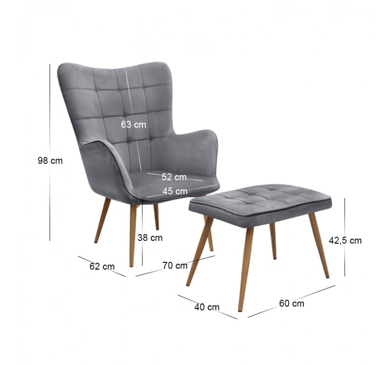 Πολυθρόνα - Μπερζέρα με υποπόδιο Lily Megapap γκρι βελούδο - μεταλλικό πόδι χρώμα φυσικό 70x62x98εκ.