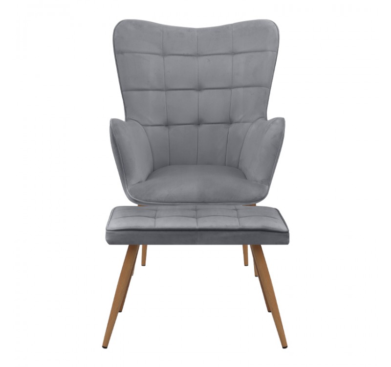 Πολυθρόνα - Μπερζέρα με υποπόδιο Lily Megapap γκρι βελούδο - μεταλλικό πόδι χρώμα φυσικό 70x62x98εκ.