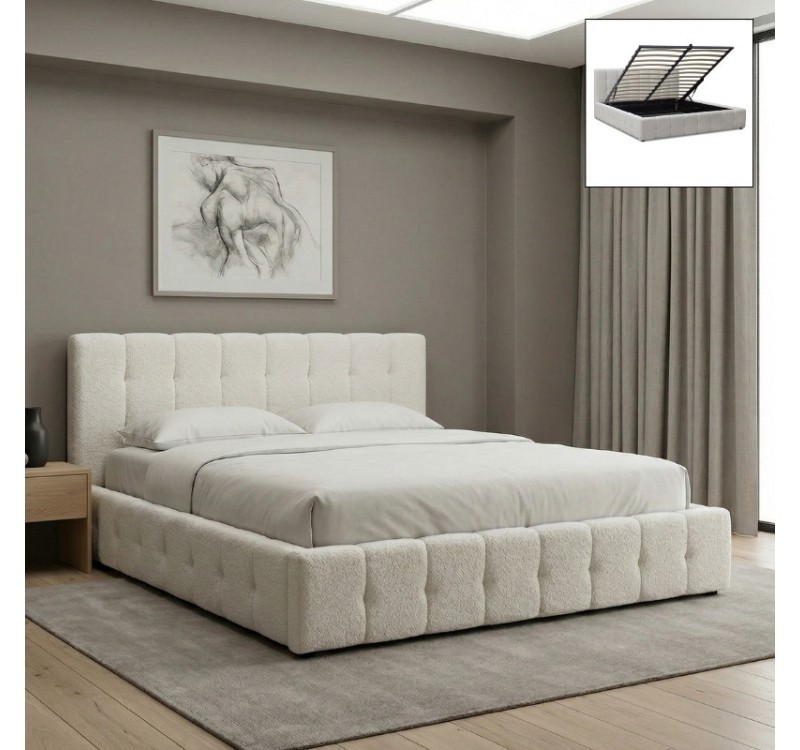 Κρεβάτι Norah Megapap μπουκλέ ύφασμα με αποθηκευτικό χώρο χρώμα ivory 160x200εκ.
