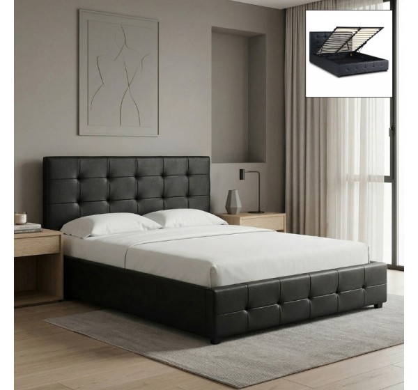 Κρεβάτι Iro Megapap από τεχνόδερμα με αποθηκευτικό χώρο χρώμα μαύρο 150x200εκ.
