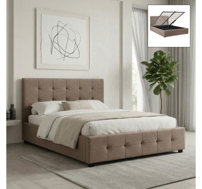 Κρεβάτι Iro Megapap υφασμάτινο με αποθηκευτικό χώρο χρώμα μπεζ - καφέ 150x200εκ.