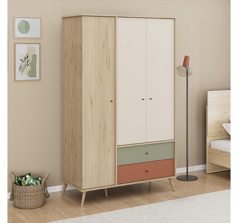 Ντουλάπα ρούχων Terra Megapap τρίφυλλη με συρτάρια χρώμα florida oak 121x54x200εκ.