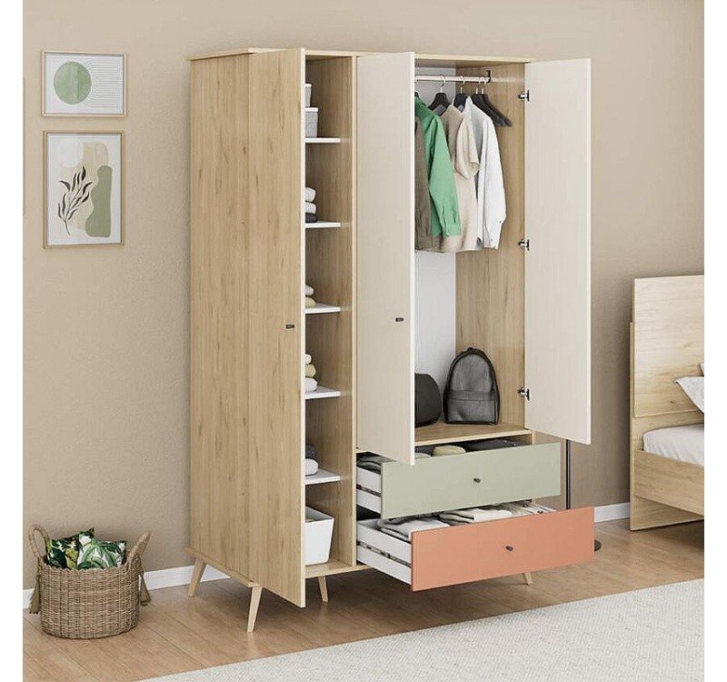 Ντουλάπα ρούχων Terra Megapap τρίφυλλη με συρτάρια χρώμα florida oak 121x54x200εκ.