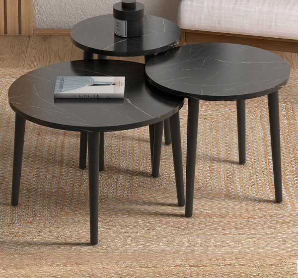 Τραπεζάκι σαλονιού σετ 3 τμχ Roma Megapap χρώμα μαύρο εφέ μαρμάρου Φ60x46εκ.