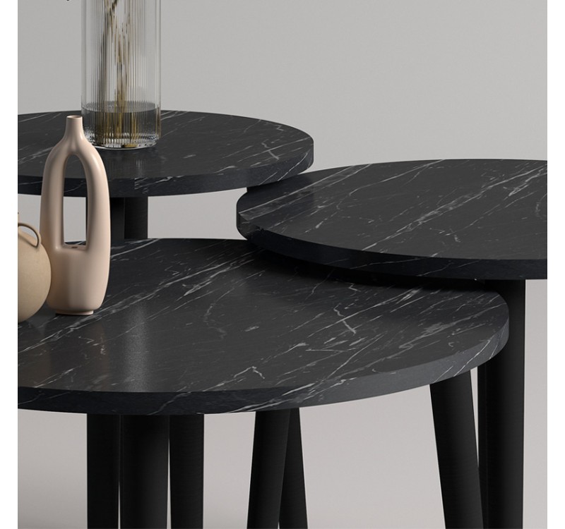 Τραπεζάκι σαλονιού σετ 3 τμχ Roma Megapap χρώμα μαύρο εφέ μαρμάρου Φ60x46εκ.