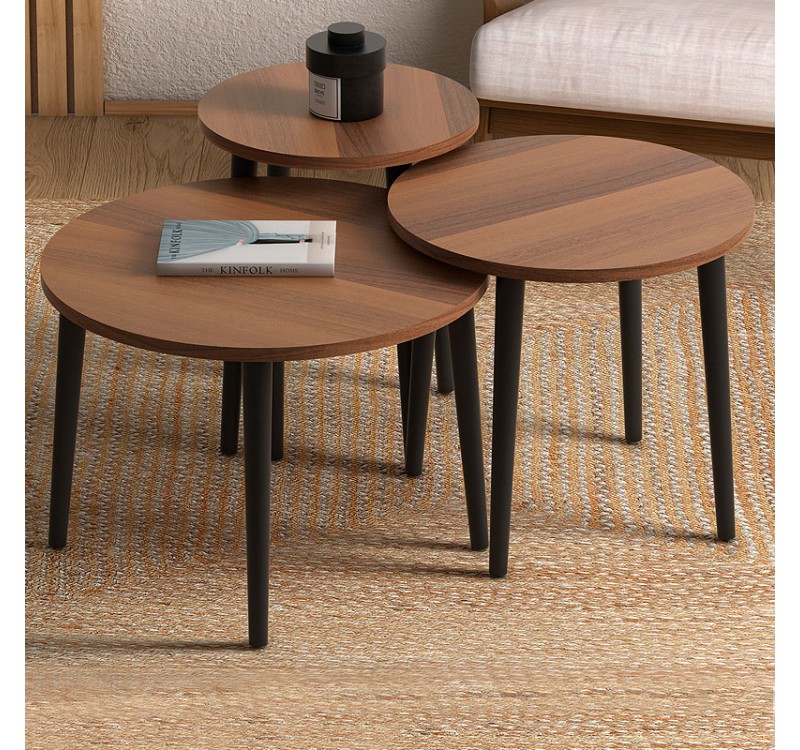 Τραπεζάκι σαλονιού σετ 3 τμχ Roma Megapap χρώμα καρυδί Φ60x46εκ.