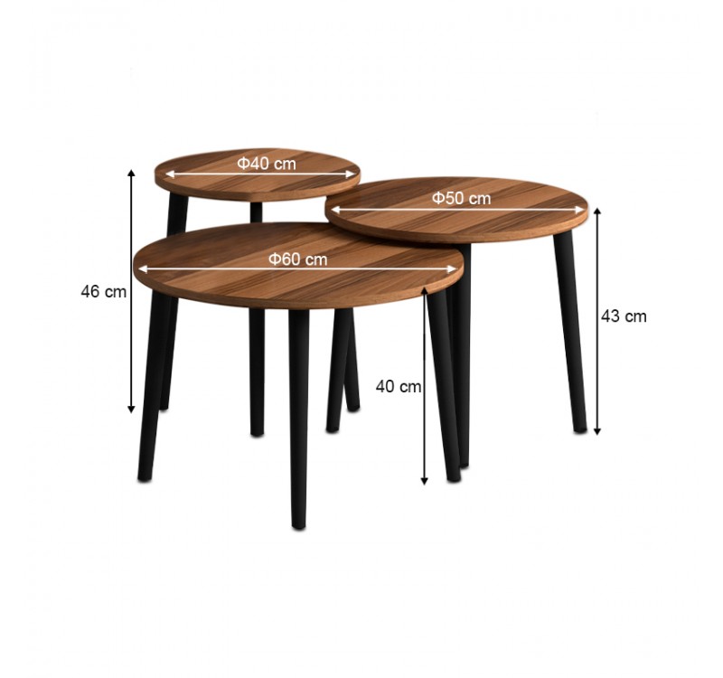 Τραπεζάκι σαλονιού σετ 3 τμχ Roma Megapap χρώμα καρυδί Φ60x46εκ.