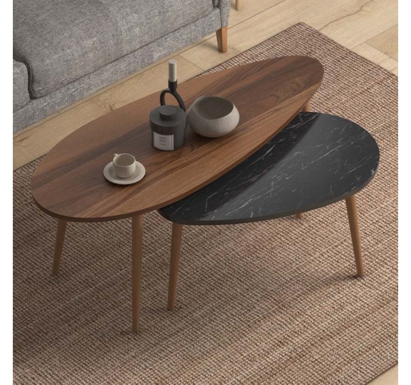 Τραπεζάκια βοηθητικά Elips Megapap χρώμα καρυδί - μαύρο εφέ μαρμάρου 116x46x46εκ.