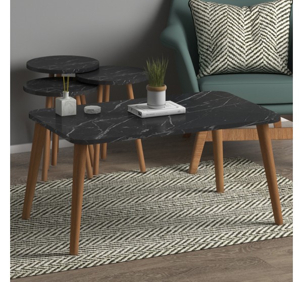 Τραπεζάκι σαλονιού σετ 4 τμχ Soul Megapap χρώμα μαύρο εφέ μαρμάρου 90x55x43εκ.