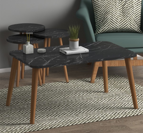 Τραπεζάκι σαλονιού σετ 4 τμχ Soul Megapap χρώμα μαύρο εφέ μαρμάρου 90x55x43εκ.