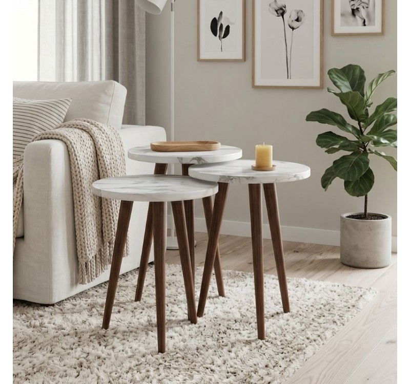 Τραπεζάκι βοηθητικό σετ 3 τμχ Cruz Megapap χρώμα λευκό εφέ μαρμάρου Ø33x46εκ.