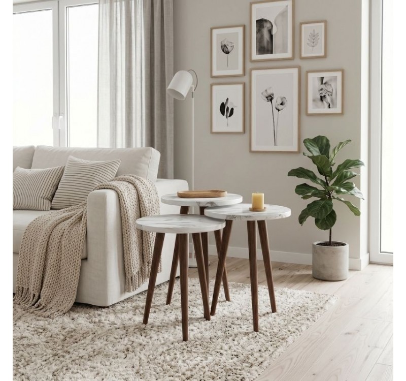 Τραπεζάκι βοηθητικό σετ 3 τμχ Cruz Megapap χρώμα λευκό εφέ μαρμάρου Ø33x46εκ.