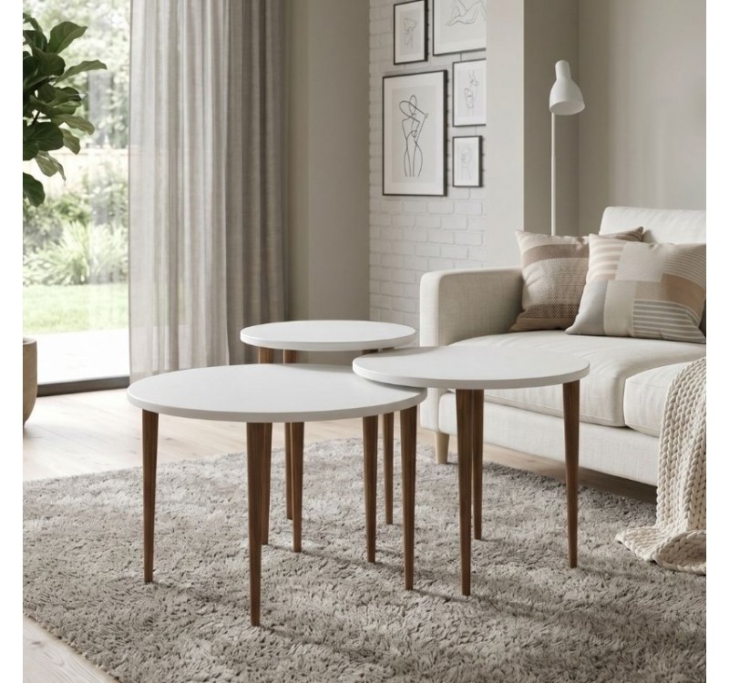 Τραπεζάκι σαλονιού σετ 3 τμχ Nola Megapap χρώμα λευκό Ø60x46εκ.