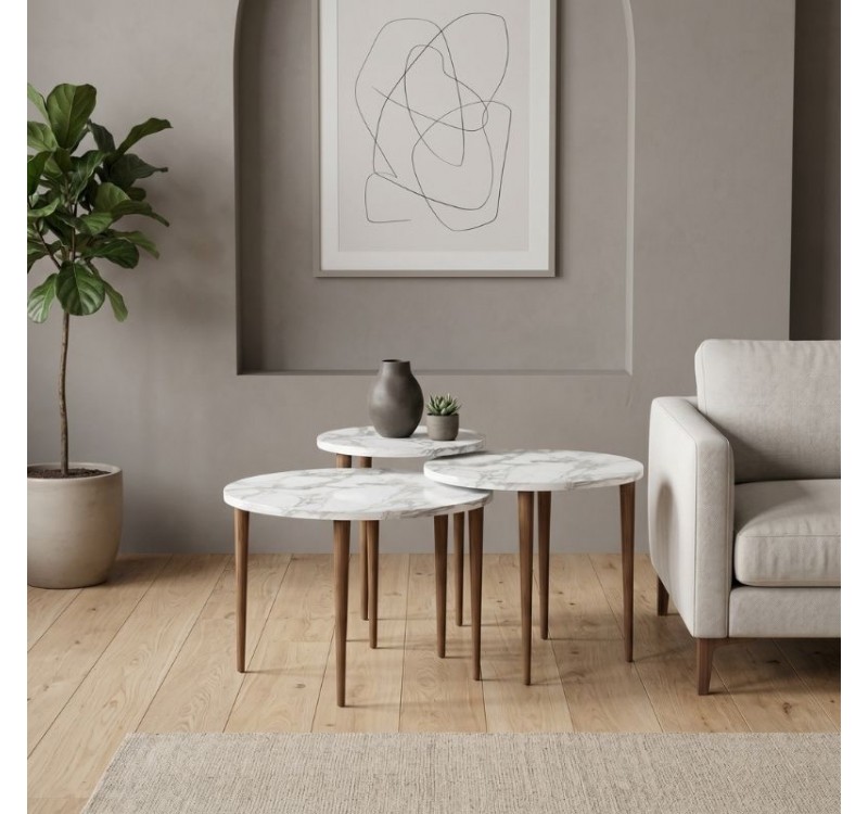 Τραπεζάκι σαλονιού σετ 3 τμχ Nola Megapap χρώμα λευκό εφέ μαρμάρου Ø60x46εκ.