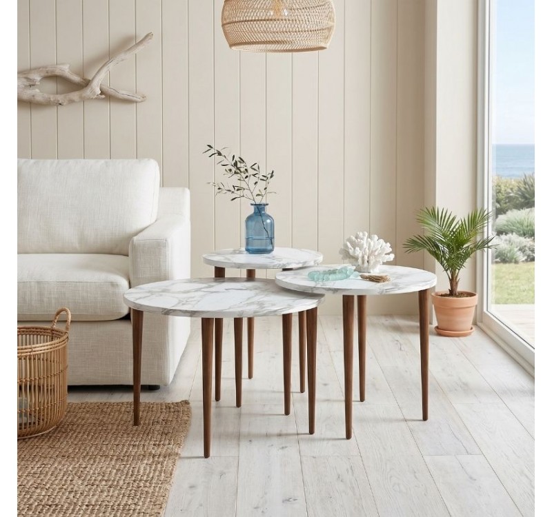 Τραπεζάκι σαλονιού σετ 3 τμχ Nola Megapap χρώμα λευκό εφέ μαρμάρου Ø60x46εκ.