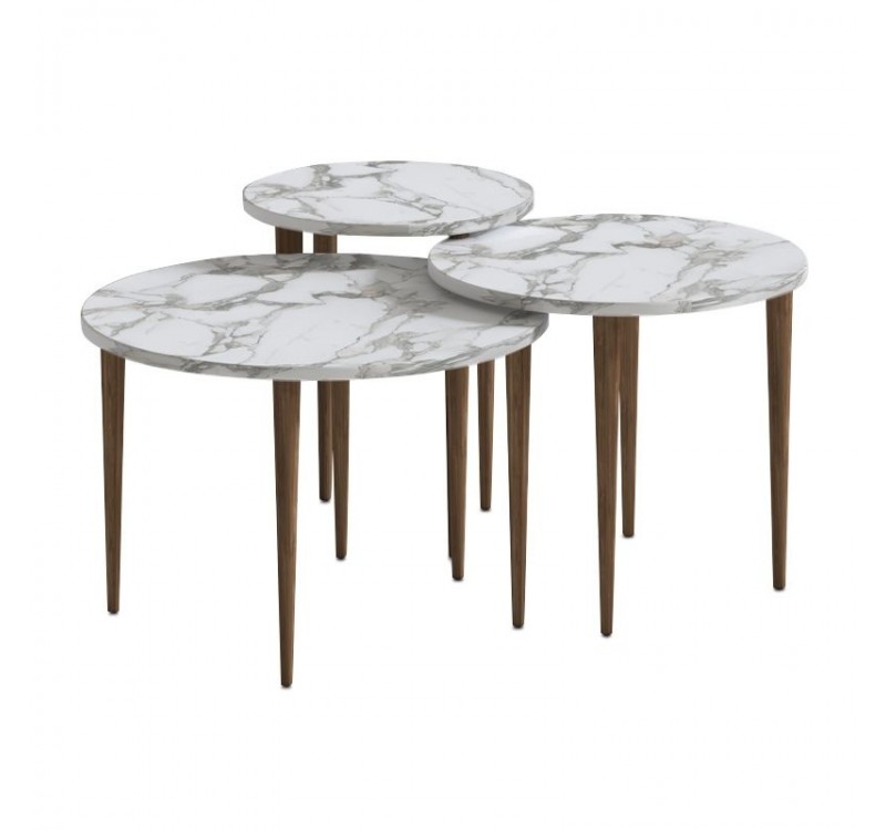 Τραπεζάκι σαλονιού σετ 3 τμχ Nola Megapap χρώμα λευκό εφέ μαρμάρου Ø60x46εκ.