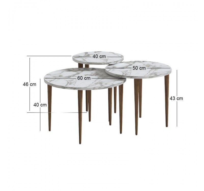 Τραπεζάκι σαλονιού σετ 3 τμχ Nola Megapap χρώμα λευκό εφέ μαρμάρου Ø60x46εκ.
