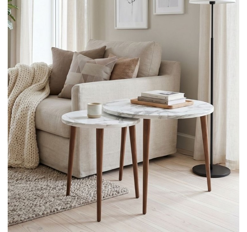Τραπεζάκι σαλονιού σετ 2 τμχ Nola Megapap χρώμα λευκό εφέ μαρμάρου Ø60x46εκ.