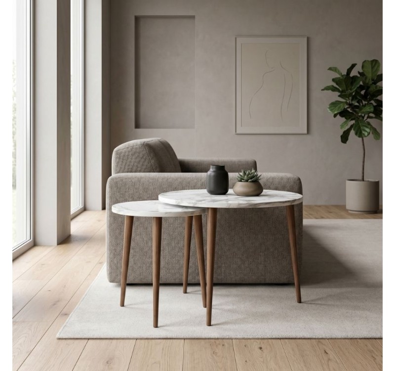 Τραπεζάκι σαλονιού σετ 2 τμχ Nola Megapap χρώμα λευκό εφέ μαρμάρου Ø60x46εκ.