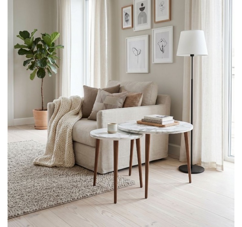 Τραπεζάκι σαλονιού σετ 2 τμχ Nola Megapap χρώμα λευκό εφέ μαρμάρου Ø60x46εκ.