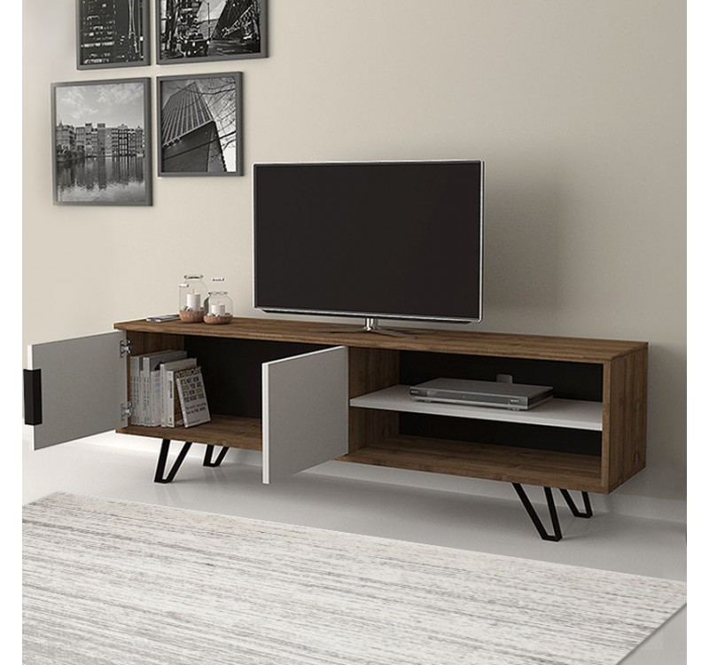 Έπιπλο τηλεόρασης Foot Megapap χρώμα καρυδί - λευκό 160x35x49εκ.