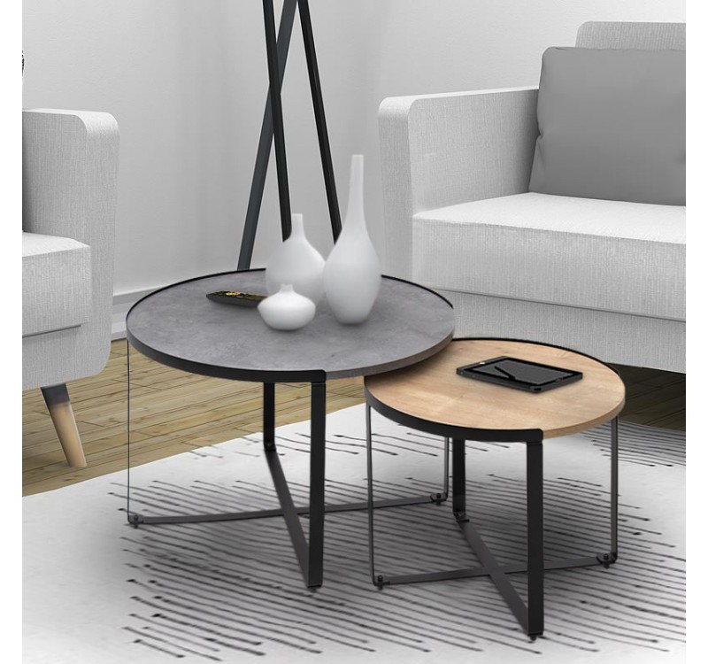 Σετ τραπεζάκια σαλονιού Davis Megapap 2τμχ. χρώμα γκρι σκυροδέματος/φυσικό οξιάς 70x69x46εκ.