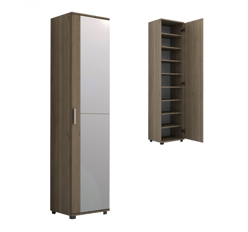 Ντουλάπα ρούχων - παπουτσοθήκη Visla Megapap μονόφυλλη με καθρέπτη χρώμα καρυδί 45x36x187εκ.