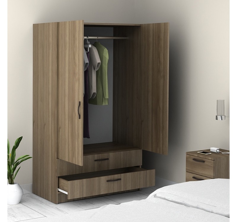 Ντουλάπα ρούχων Victoria Megapap δίφυλλη με συρτάρια χρώμα καρυδί 100x60x181εκ.