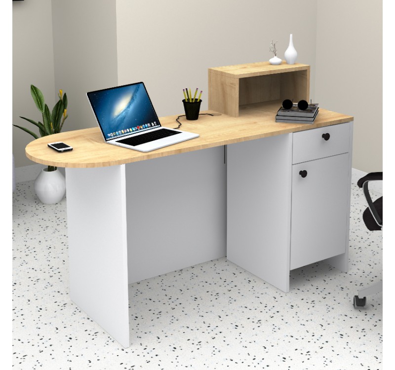 Γραφείο υποδοχής - reception Rezio Megapap χρώμα λευκό - φυσικό οξιάς 140x50x101,8εκ.