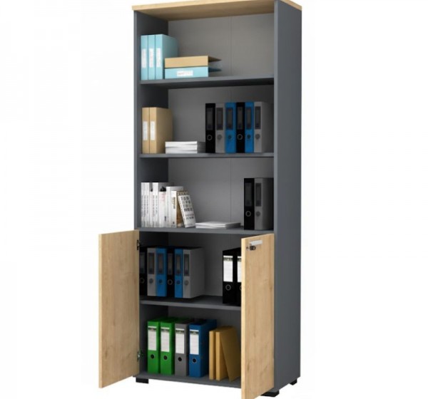 Βιβλιοθήκη γραφείου με κλειδαριά επαγγελματική Venturo Megapap χρώμα ανθρακί - φυσικό οξιάς 80x40x200εκ.