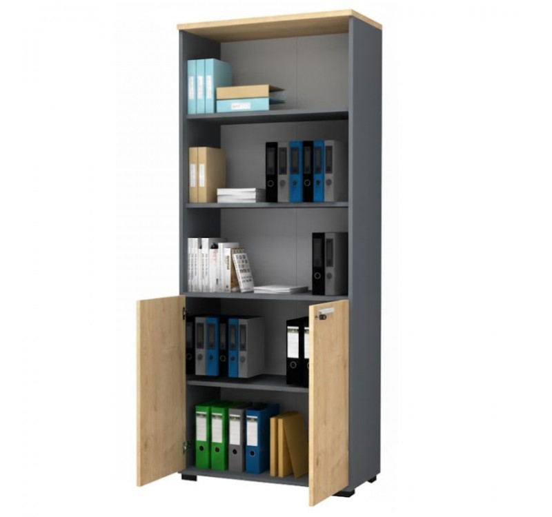 Βιβλιοθήκη γραφείου με κλειδαριά επαγγελματική Venturo Megapap χρώμα ανθρακί - φυσικό οξιάς 80x40x200εκ.