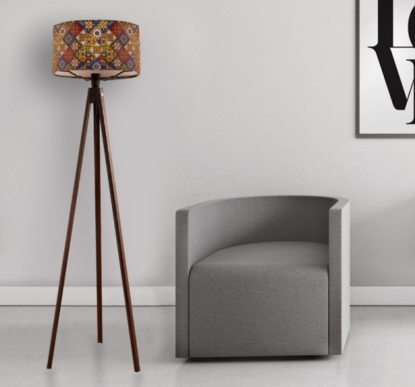 Φωτιστικό δαπέδου Rosling Megapap Mdf/ύφασμα Pvc χρώμα καρυδί - πολύχρωμο 38x38x140εκ.