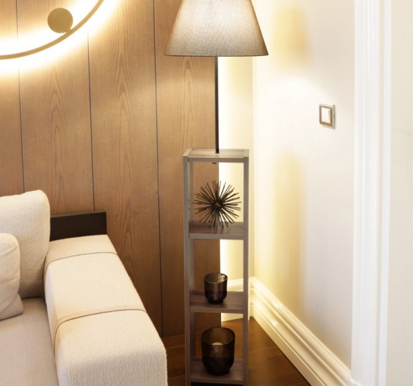 Φωτιστικό δαπέδου Launo Megapap υφασμάτινο Pvc/MDF χρώμα μπεζ/καρυδί 38x38x150εκ.