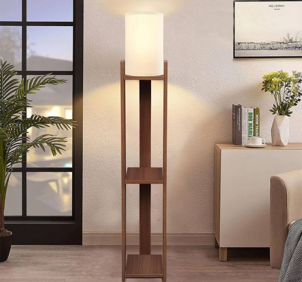 Φωτιστικό δαπέδου Verma I Megapap E27 Mdf/ύφασμα Pvc χρώμα καρυδί - κρεμ 18,5x18,5x142εκ.